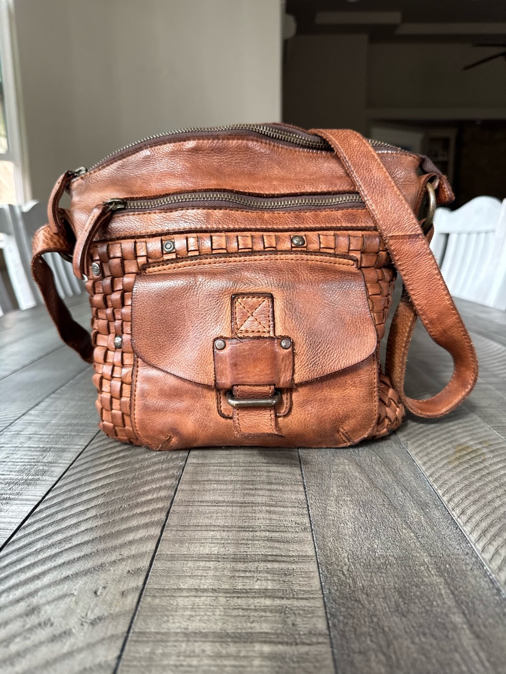 Harbour 2Nd Aurora Distressed Leather Woven Boho Crossbody/Shoulder Bag - Purse